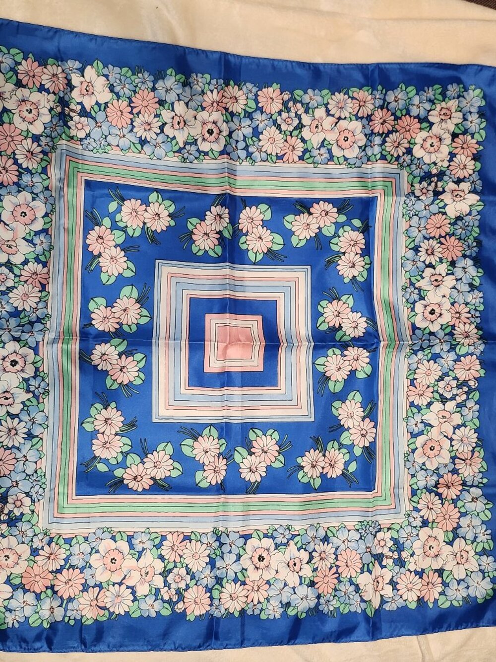 Vintage Blue Floral Silky Scarf Made in Japan Pastel Print